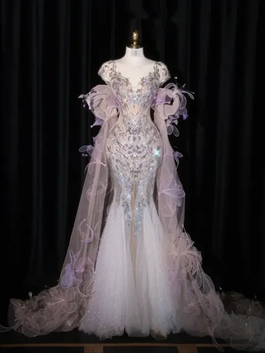 Light purple V-neck fitted waist bodycon long ball gown/bridal dress R8932