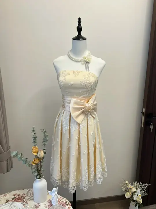 Apricot tube top waist slimming sexy elegant mid-length skirt homecoming dress R4360