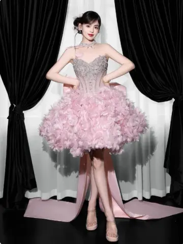 Cute Pink Ball Gown Sweetheart Feather Tem Corset Mini Party Dress Homecoming Dress RS386