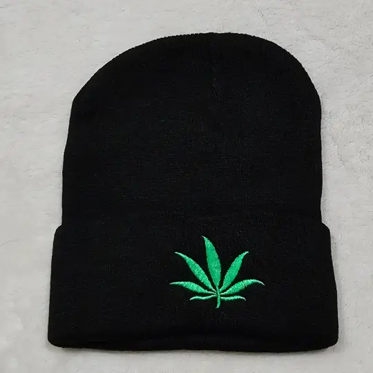 Unisex Black Beanie with Green Embroidered Weed Leaf