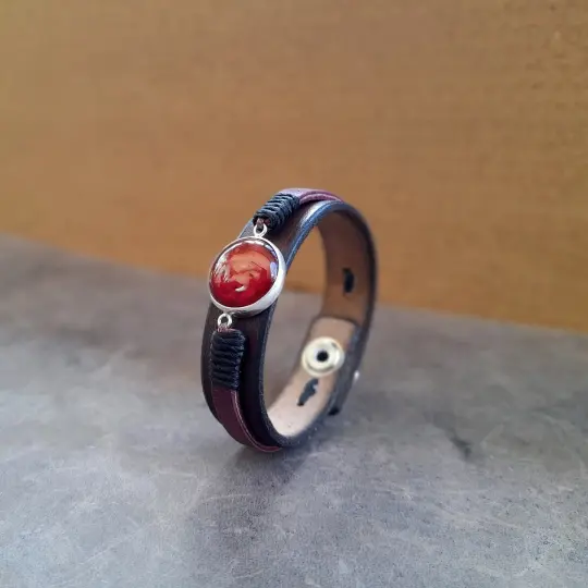 OOAK Red Carnelian Bracelet | Passion Leather Cuff