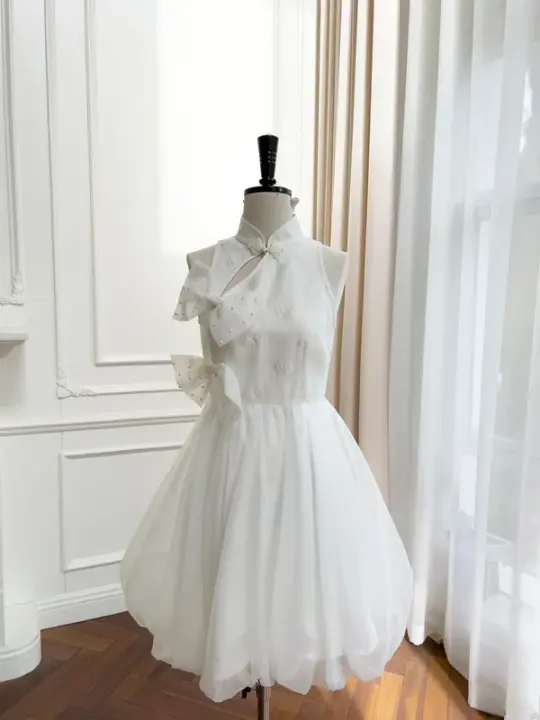 White sleeveless Chinese neckline waist bud skirt homecoming dress R5203