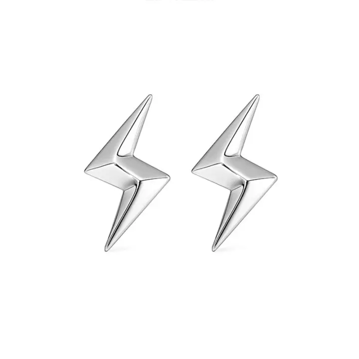 Mens Chunky Lightning Bolt 3D Earrings (925 Silver)