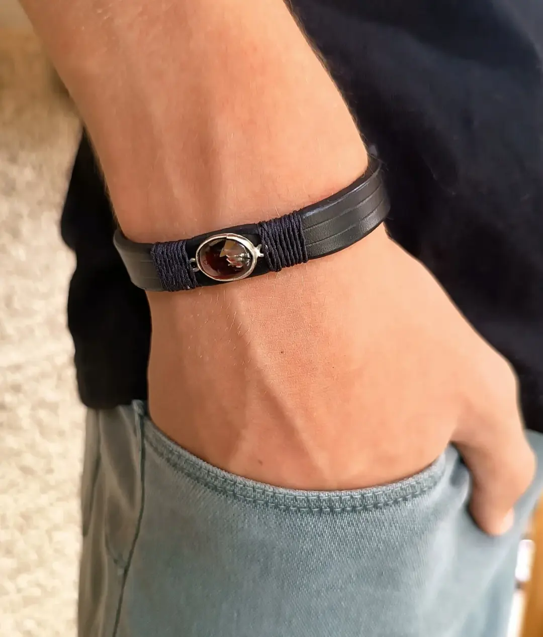 Red Garnet Black Bracelet | The Blood-Hearth Leather Talisman