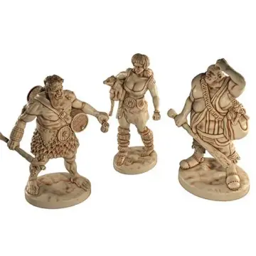 Unpainted 28mm 3D-printed render of all three hill giants together, the barrel thief, the club giant and the hunter - tabletop RPG miniature for D&D, Pathfinder & wargaming