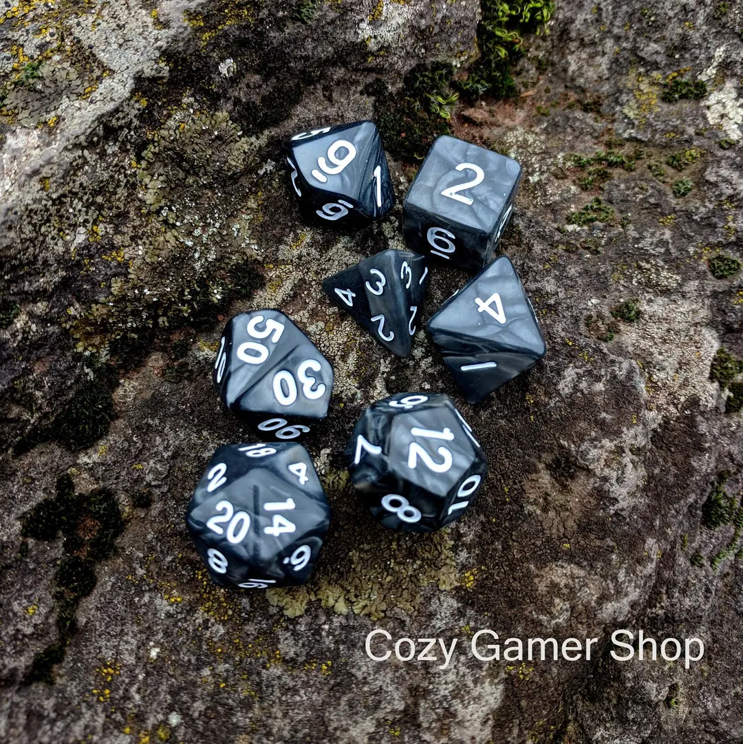 Black and Silver DnD Dice Set, Temper, 7 Pearly Dice