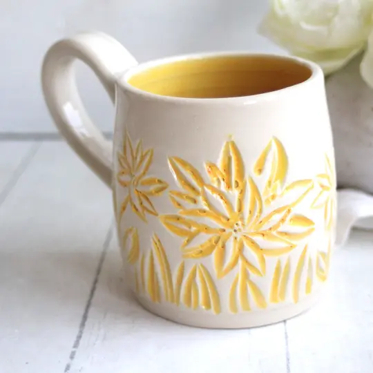 Yellow Summer Flowers Carved Coffee Cup, 12 Ounce,Handmade in USA