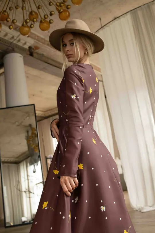 Fit and Flare Long Sleeve Dress in Brown | Vintage Flare