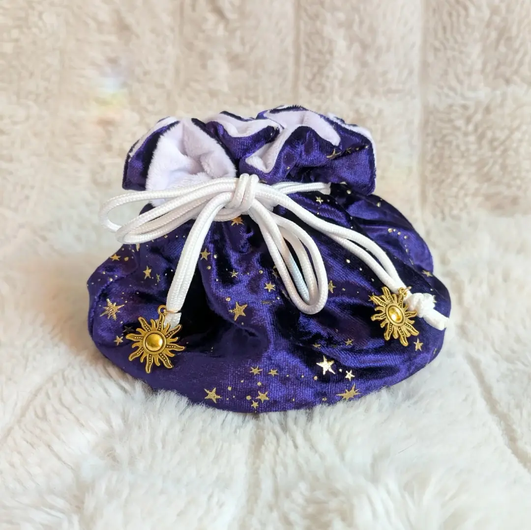 Celestial Starry Dice Bag – Deep Purple & White Velvet Multi-Pocket Pouch | Fennek & Finch