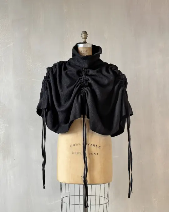 Ruched Capelet in Black Wool