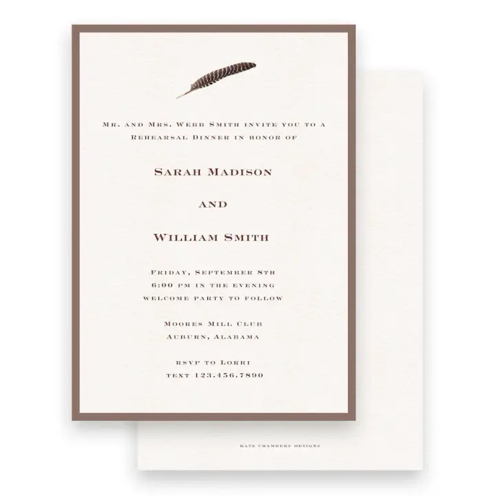 Brown Feather Detail with Border Rehearsal Dinner Invitation