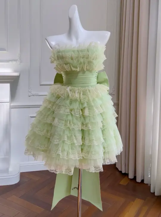 Niche Green Ruffled Homecoming Dress ,A-Line Strapless Corset Cute Prom Dress RS821
