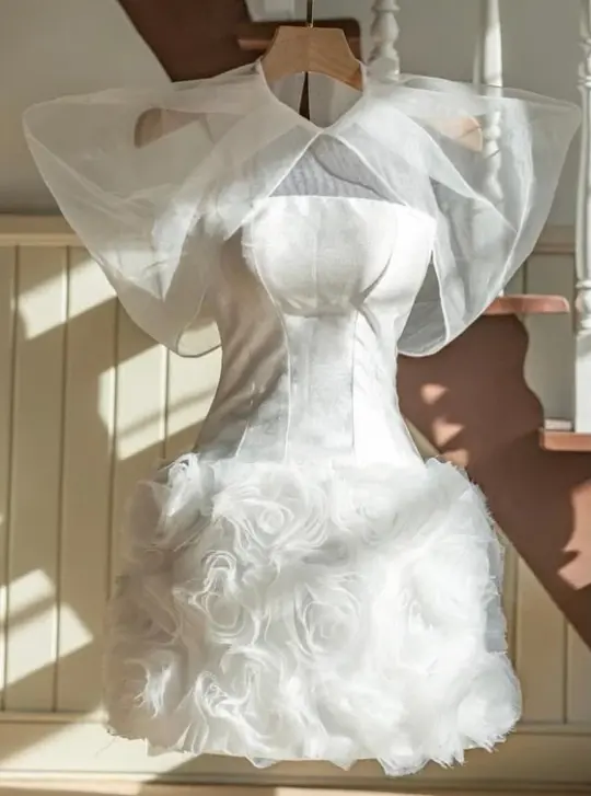 Charming White Homecoming Dress , Niche Tulle-Floral Decor Bodycon Short Prom Dress RS1593