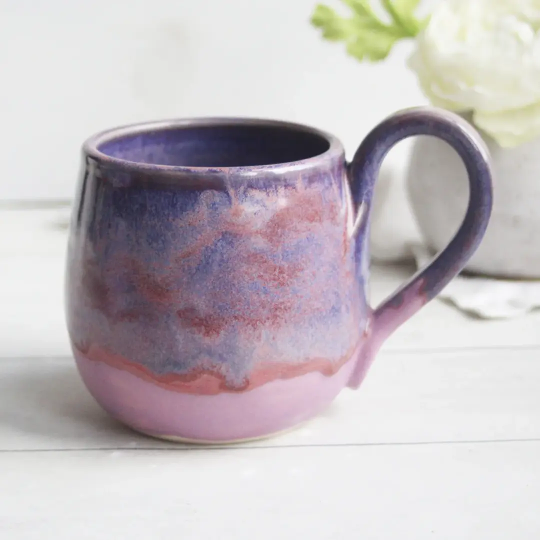 Pottery Mug in Shades of Pink and Purple Glazes, 15 oz. Made in USA