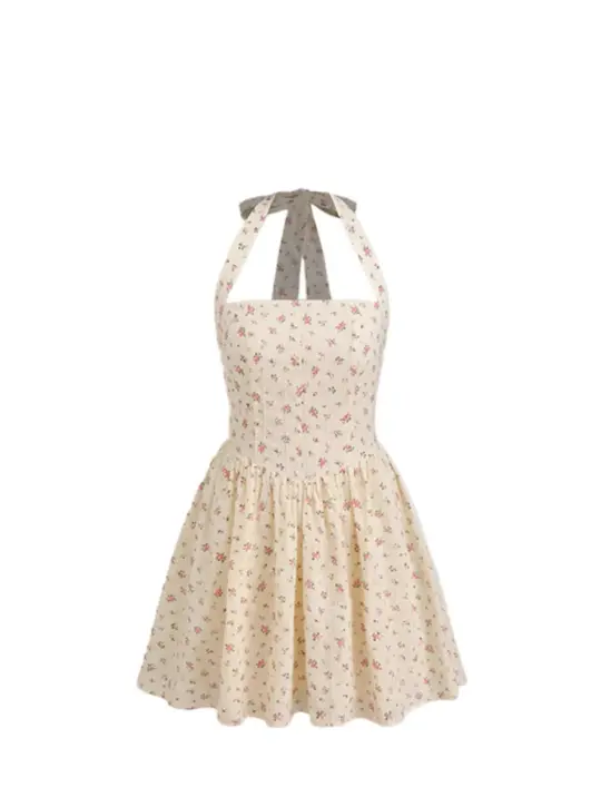 French tea break floral ruffle halter dress for summer, fresh and sweet waist slimming short skirt R3342