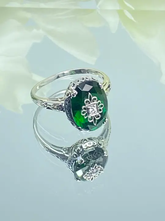 Emerald Green Ring, Size 8, Sterling Silver Embellishment, Edwardian Jewelry #D70e - Ready to Ship