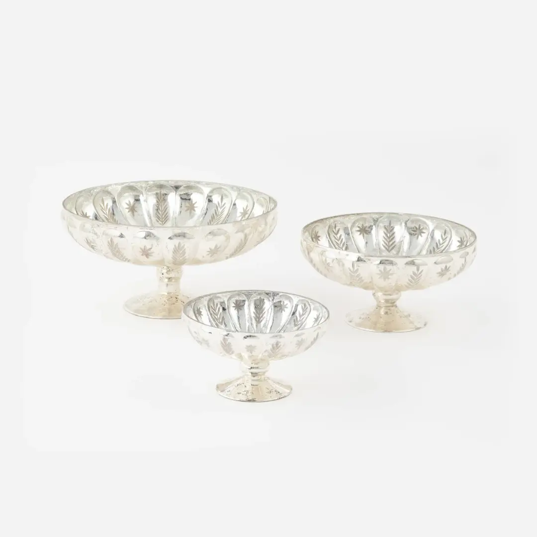 Silver fluted mercury glass stacking pedestal bowls