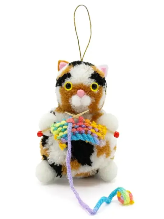 Knitting Cat Pom Pom Ornament