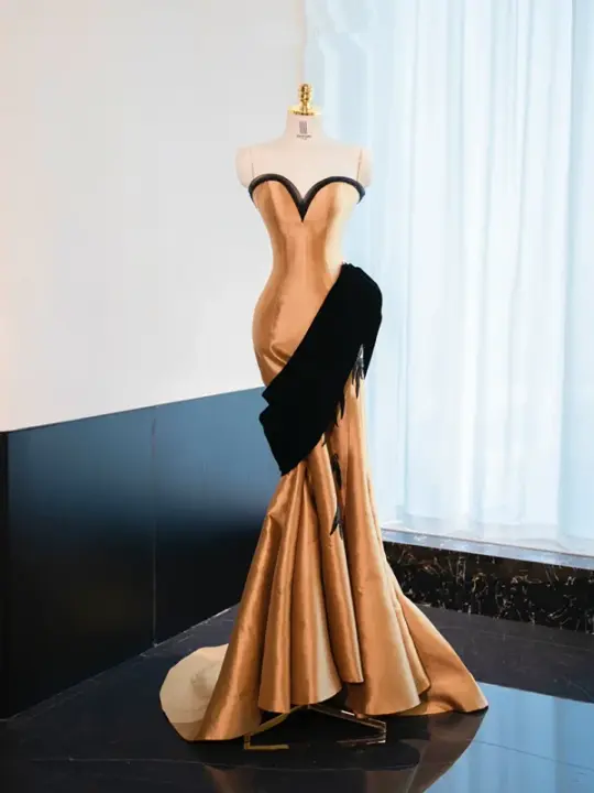 Gold strapless, fitted, bodycon, sexy long ball gown R9006