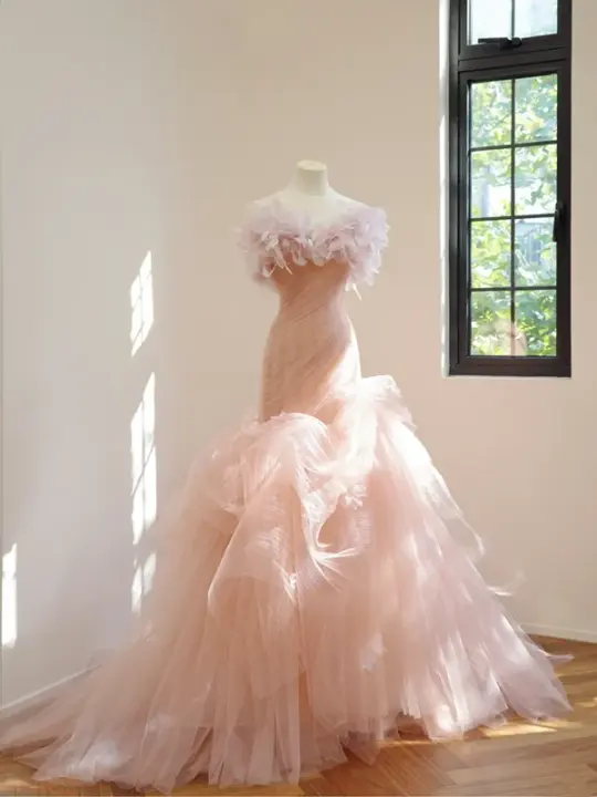 Light pink strapless fitted mermaid skirt long ball gown/bridal dress R8536