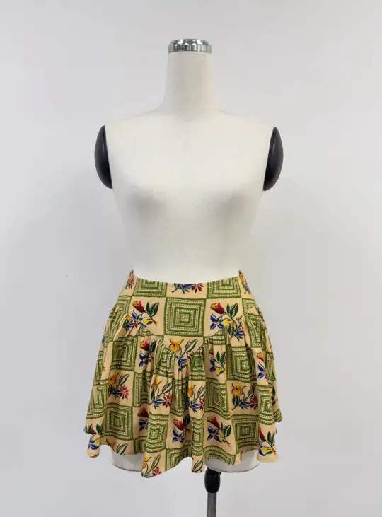 SAMPLE #439 - S Soft Linen Floral Checkered Park Mini Skirt - Tan / Green