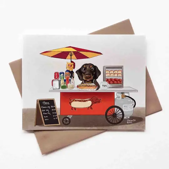 Mr.Dachshund's Hot Dog Cart Greeting Card, Wholesale 6 Pack