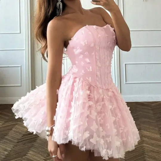 Cute Pink A-Line Strapless Tulle Corset Mini Birthday Dress Homecoming Dress RS368