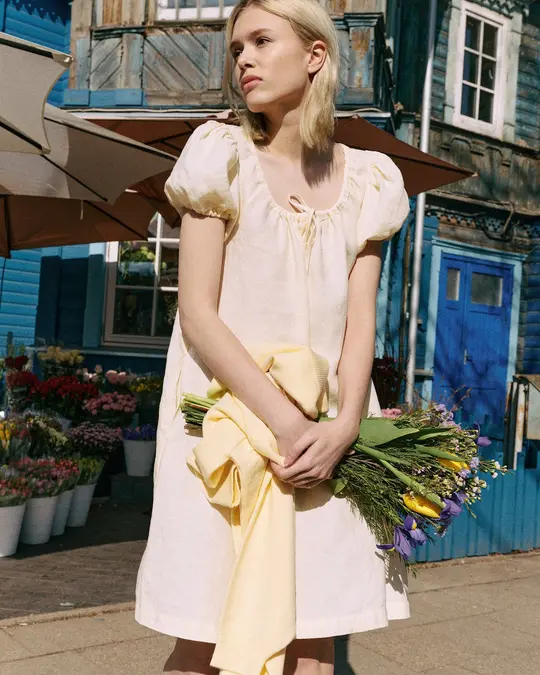 R: Mari puff sleeve mini linen dress (Color: Herb Green Floral; Size: L)