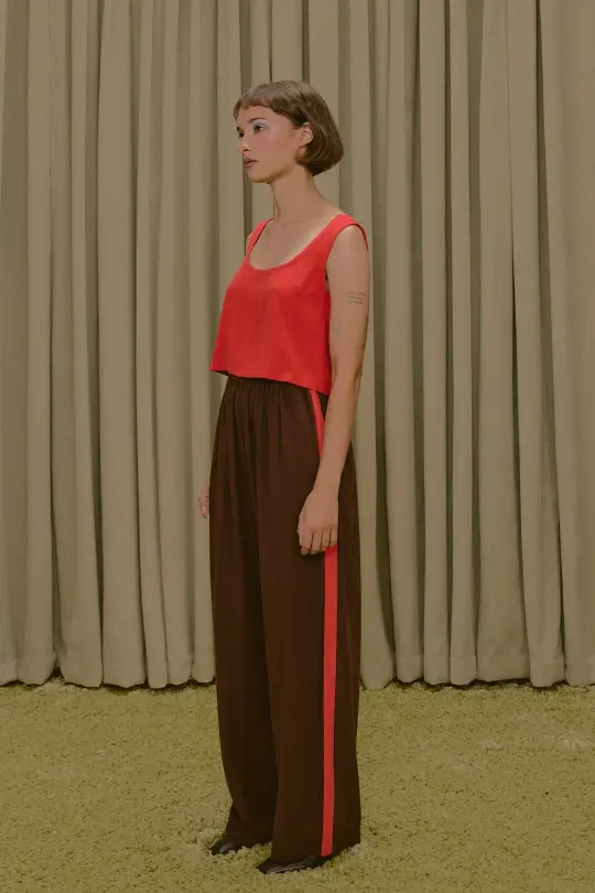 Side Stripe Lazy Pants Soft Linen Brown/Red
