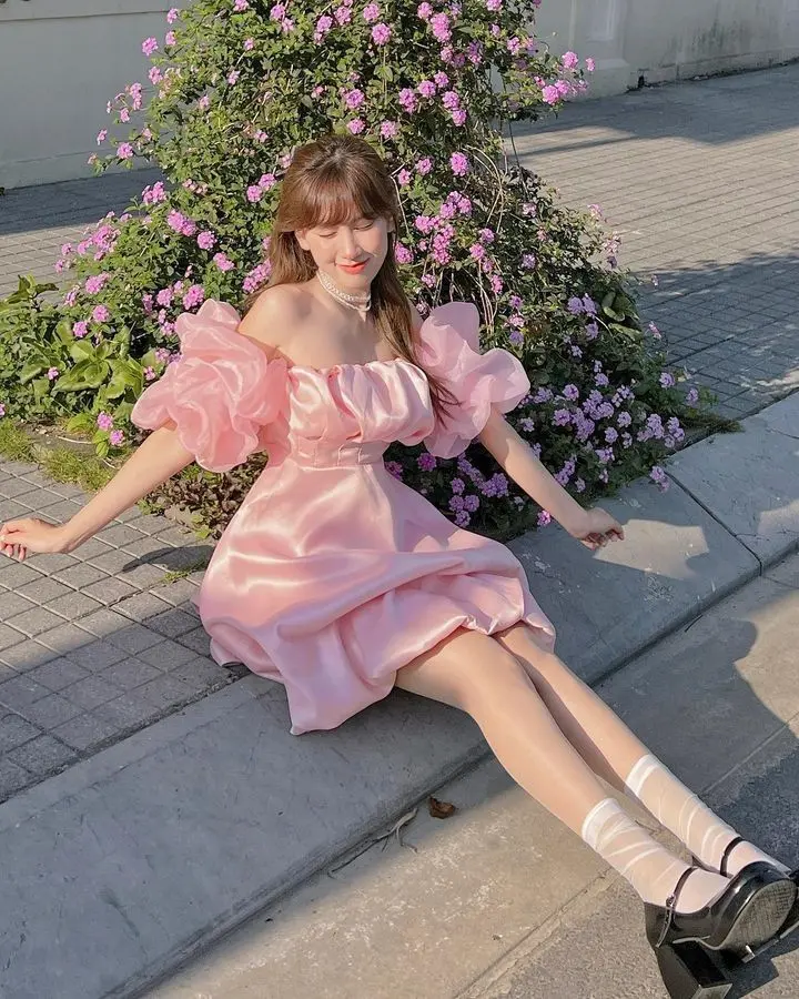 Pink puff sleeve one shoulder waist puffy skirt homecoming dress R3467