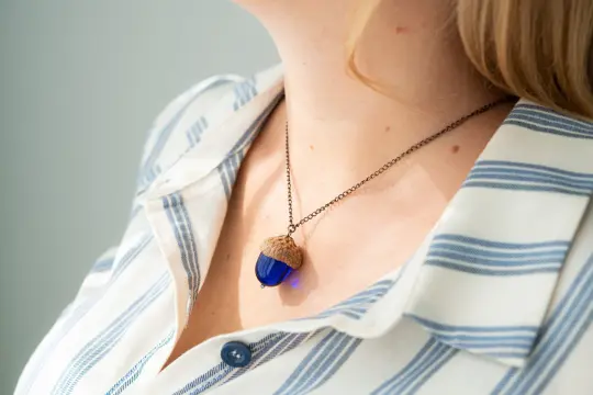Cobalt Blue Glass Acorn Necklace Pendant Handmade Gift