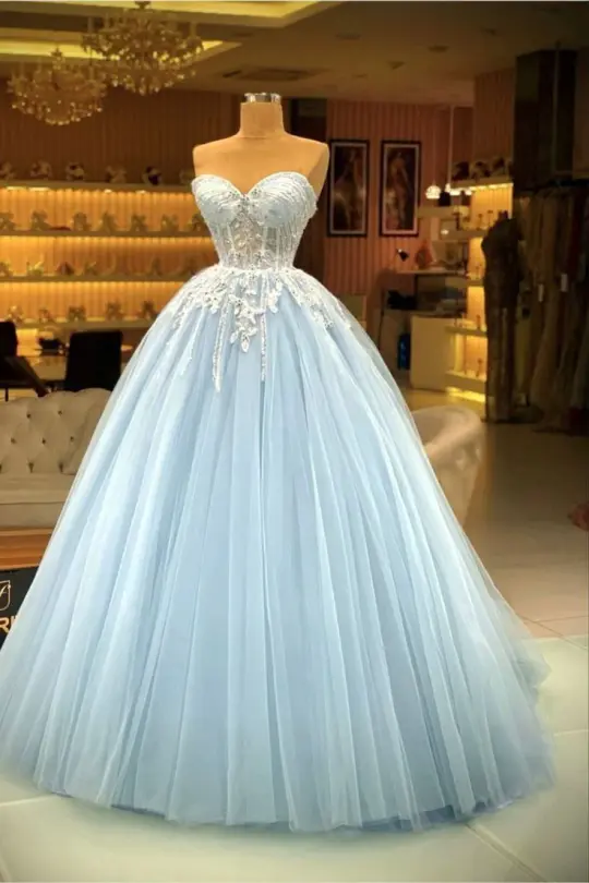 Elegant Pale Blue A-Line Sweetheart Lace Embroidery Corset Maxi Women Dress Evening Dress Birthday Dress RS300