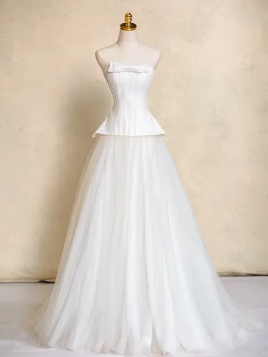 White tube top slim waist sexy A-line long dress bridal gown R5724