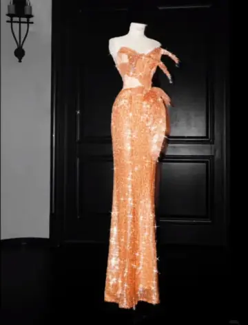 Orange Strapless Fitted-Waist Slim-Fit Hip-Hugging Sexy Long Prom Dress R6499