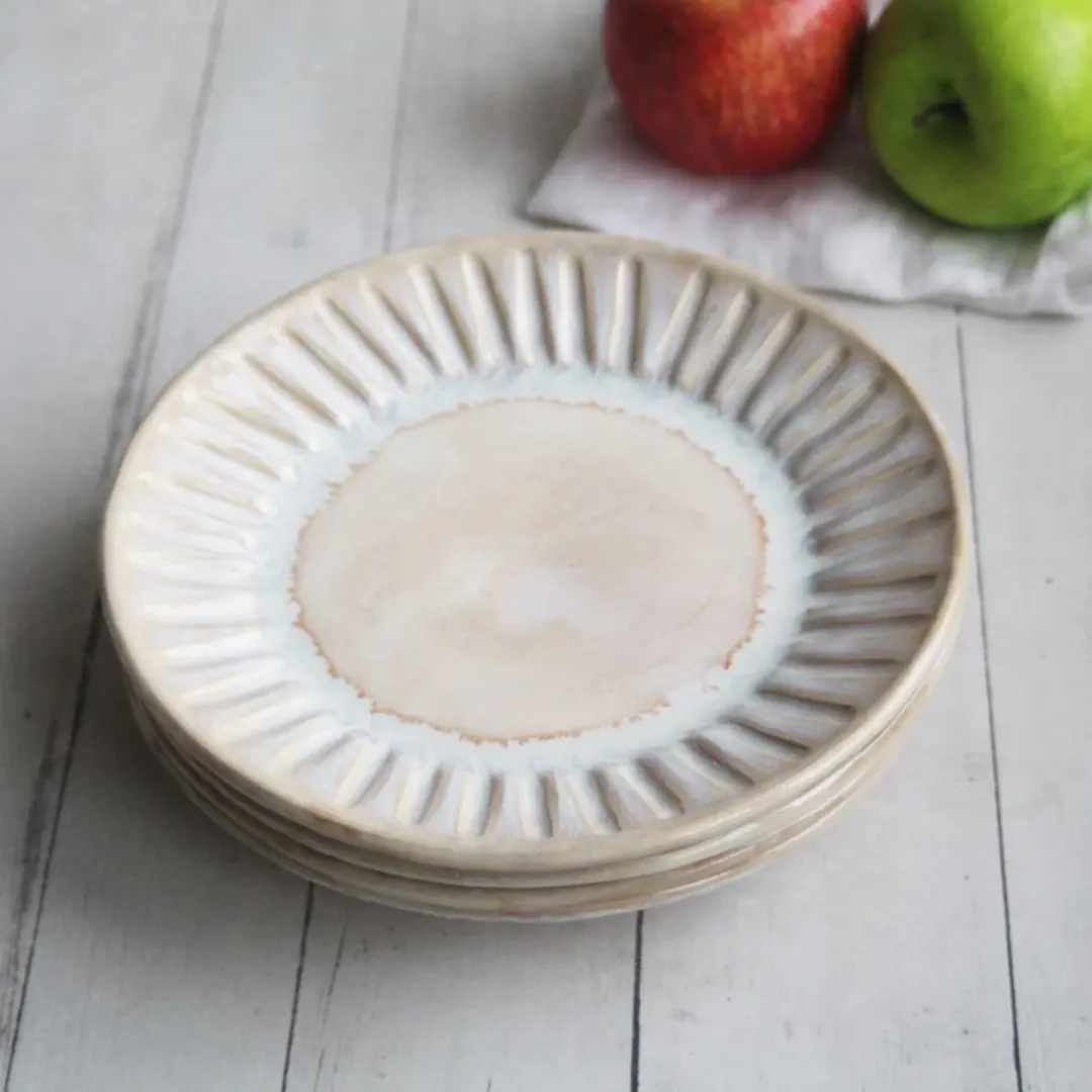 Set of Four Rustic Salad Plates in Creamy White And Ocher Glaze, Hand Carved Made in USA