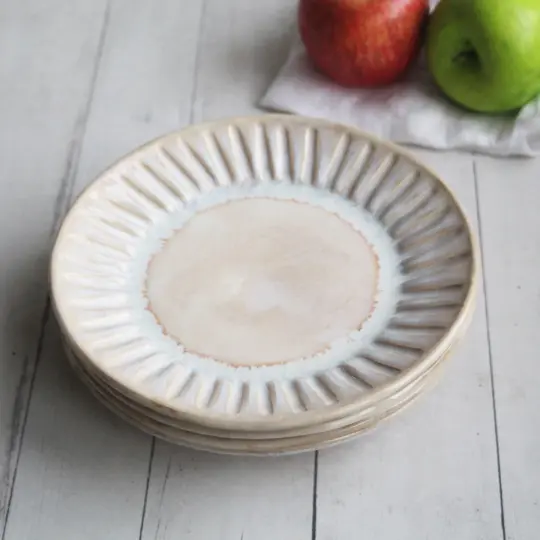 Set of Four Rustic Salad Plates in Creamy White And Ocher Glaze, Hand Carved Made in USA