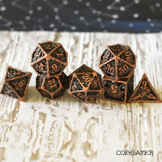 Dragon and Shield Hollow Metal Dice Set – 7-Piece DnD Dice