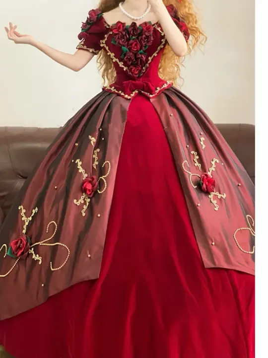 Red Retro Floral-Patterned Waist-Cinched Puffy-Hem Long-Length Ball Gown, Bridal Gown R7327