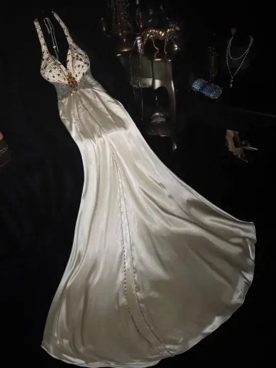 Champagne-colored sexy halter-neck satin elegant long dress, ball gown R6399