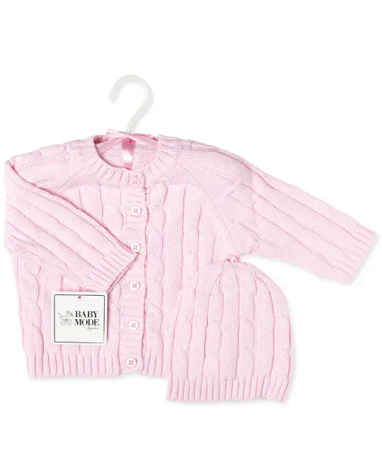 Baby Mode Signature Cable Knit Baby Cardigan Sweater with Beanie Gift Set, Pink