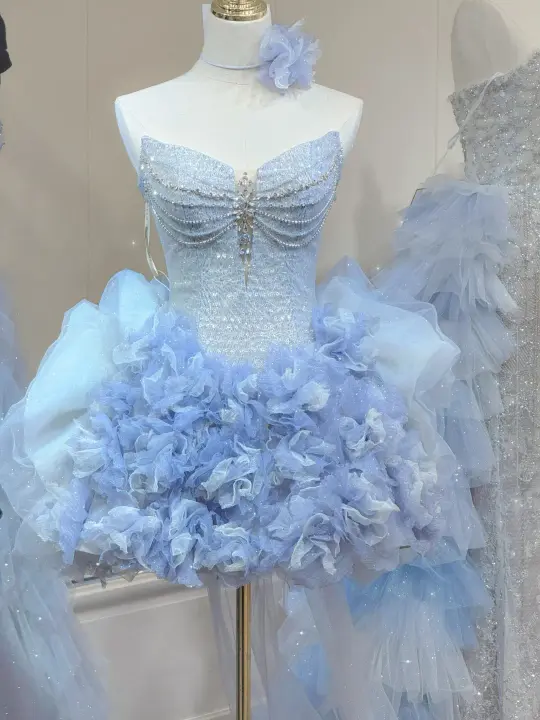 Light blue tube top with diamonds sexy waist slimming puffy skirt short skirt homecoming dress R4167