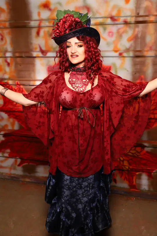 Classic Blouse w/waterfall sleeves in Sheer Ruby Rose - The Sensual Solstice Collection