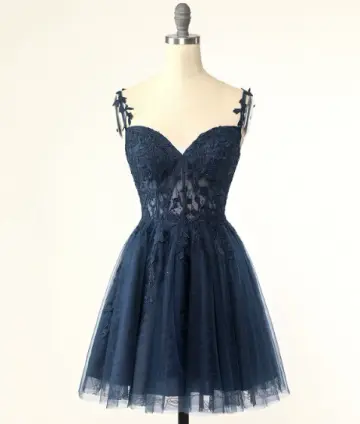 Pretty Navy Homecoming Dress , Lace Embroidery Corset Mini Evening Dress Cami Dress RS1441