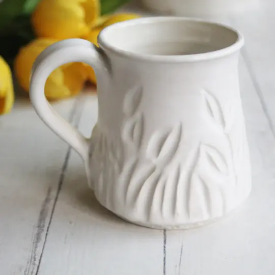 Hand Carved Satin White Stoneware Mug, 14 Ounce Pottery Mug, Made in USA