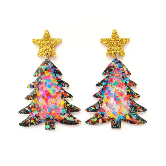 Colorful Confetti Holiday Christmas Tree Resin Acrylic Earrings