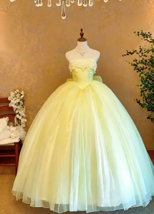 Light Yellow Spaghetti-Strap Waist-Cinched Puffball Skirt Ball Gown, Bridal Gown R7359