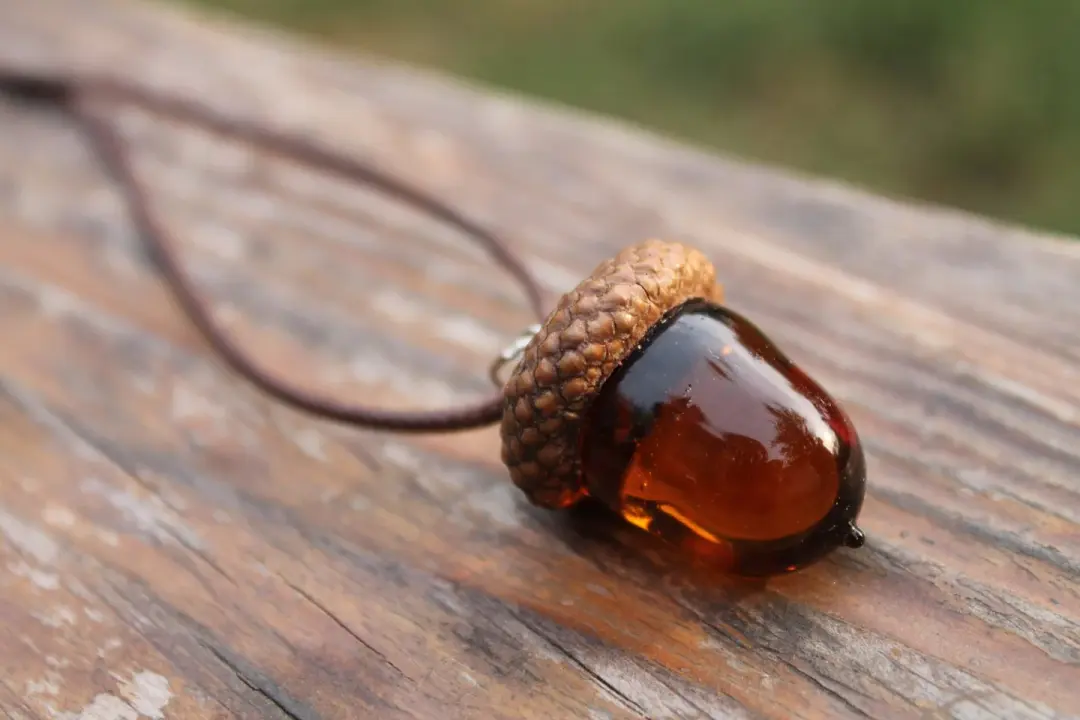 Amber Necklace With Glass Acorn For Nature Lovers