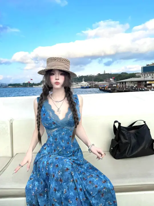 Blue floral lace V-neck fitted dress R9082