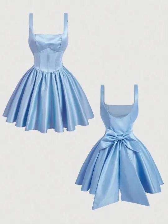Minimalist Pale Blue A-Line Square Bow Ribbon Satin Bodycon Mini Dress Homecoming Dress RS180