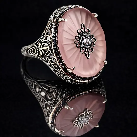 Rose Pink Ring, Size 6.5, Starburst Frosted Crystal embellished with Inset Gem, Persian Design #D230e - Ready to Ship